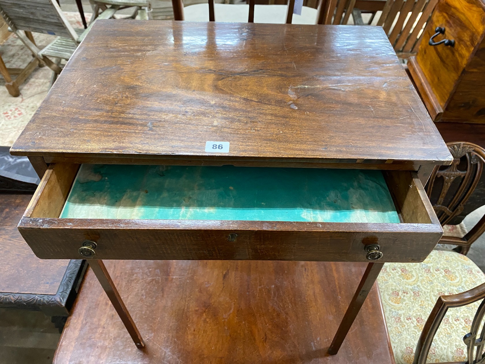 A small George III mahogany side table width 57cm, depth 40cm, height 69cm.
